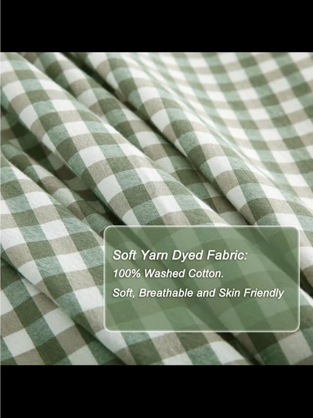 NWOT Silnuo Sage Green/White 100% Cotton Gingham Plaid Ruffle Duvet Cover. Queen
